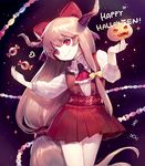  absurdly_long_hair ainy77 ascot bad_id bad_pixiv_id blonde_hair bow commentary_request hair_bow halloween happy_halloween horns ibuki_suika jack-o'-lantern long_hair long_sleeves low-tied_long_hair miniskirt oni pleated_skirt puffy_long_sleeves puffy_sleeves red_eyes skirt solo touhou very_long_hair 