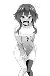  asymmetrical_legwear bandaged_leg bandages bottomless choker collar collarbone covering covering_crotch cowboy_shot embarrassed flat_chest flying_sweatdrops greyscale groin kono_subarashii_sekai_ni_shukufuku_wo! long_hair megumin monochrome no_panties open_mouth shiny shiny_hair shirt_tug sidelocks simple_background soba_(saz) solo thighhighs wavy_mouth white_background 