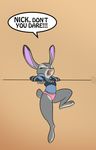  alorix anthro brown_background buckteeth clothed clothing disney english_text eyelashes eyes_closed judy_hopps lagomorph mammal open_mouth panties paws rabbit simple_background solo speech_bubble teeth text tongue underwear zootopia 