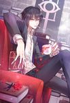  2015 bad_id bad_pixiv_id black_hair bloodline book bookshelf cigarette coffee_mug cup dated dutch_angle flower hair_between_eyes ichi_yasushi jewelry looking_at_viewer male_focus mouth_hold mug pale_skin parted_lips petals ring rose roy_(bloodline) short_eyebrows signature sitting smoke smoking solo yellow_eyes 
