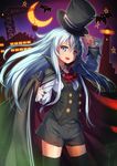  adjusting_clothes adjusting_hat alternate_costume bat black_hair blue_eyes cape commentary_request cowboy_shot cravat crescent_moon fang halloween halloween_costume hat hibiki_(kantai_collection) kantai_collection lighthouse long_hair moon night open_mouth shorts solo thighhighs top_hat white_hair yuuki_yuu 