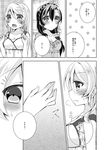 ayase_eli bedroom blush braid breasts closed_eyes comic eyebrows eyebrows_visible_through_hair greyscale hair_between_eyes hair_ornament hair_over_shoulder hair_scrunchie large_breasts long_hair love_live! love_live!_school_idol_project mogu_(au1127) monochrome multiple_girls open_mouth ponytail scrunchie sitting speech_bubble sweatdrop toujou_nozomi translated 