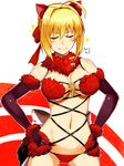  alternate_color animal_ears bare_shoulders breasts cleavage closed_eyes cosplay dangerous_beast elbow_gloves fate/extra fate/grand_order fate_(series) gloves halloween_costume hands_on_hips highres mash_kyrielight mash_kyrielight_(cosplay) medium_breasts navel nero_claudius_(fate) nero_claudius_(fate)_(all) nirai_kanai simple_background solo white_background wolf_ears 