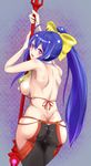  antenna_hair ass backless_outfit bangs bare_shoulders black_pants blazblue blazblue:_central_fiction blazblue_variable_heart blue_hair blush bow breasts butt_crack cowboy_shot embarrassed fingerless_gloves from_behind genderswap genderswap_(mtf) gloves hair_between_eyes hair_bow hair_ribbon halter_top halterneck highres holding holding_weapon large_breasts leaning_forward leaning_on_object long_hair looking_at_viewer looking_back lowleg lowleg_pants mai_natsume no_bra no_panties open_mouth orca8303 outseal pants polearm ponytail purple_eyes revealing_clothes ribbon shiny shiny_hair shiny_skin sideboob sidelocks smile solo spear standing very_long_hair weapon yellow_bow 