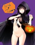  1girl :d ass_visible_through_thighs black_hair blame! blush breasts cloak commentary_request halloween heart highres hime_cut hood jack-o'-lantern long_hair mori_(blame!) naked_cloak navel nipples open_mouth purple_background purple_eyes pussy sakuma_tsukasa simple_background small_breasts smile solo uncensored 