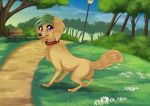  blush canid canine canis domestic_dog female feral green_hair hair mammal park playing purple_eyes rukifox smile solo 