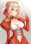  absurdres ahoge blonde_hair breasts cleavage collarbone dress fate/extra fate_(series) green_eyes hair_ribbon hieung highres looking_at_viewer medium_breasts nero_claudius_(fate) nero_claudius_(fate)_(all) red_ribbon ribbon short_hair smile solo 