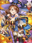  between_breasts breasts brown_eyes brown_hair commentary_request detached_sleeves eustace_(granblue_fantasy) gloves granblue_fantasy halloween hat himuro_(dobu_no_hotori) large_breasts long_hair strap_cleavage sword thighhighs weapon witch_hat zeta_(granblue_fantasy) 