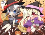  ;d alternate_costume black_hair black_ribbon blonde_hair blue_eyes broom broom_riding closed_mouth commentary_request fang hair_flaps hair_ornament hair_ribbon hairclip halloween_costume hat highres jako_(jakoo21) kantai_collection long_hair multiple_girls one_eye_closed open_mouth red_eyes remodel_(kantai_collection) ribbon shigure_(kantai_collection) short_sleeves smile witch_hat yuudachi_(kantai_collection) 