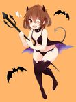 bat black_legwear brow brown_hair costume demon_horns demon_tail folded_ponytail hair_ornament hairclip halloween highres horns ikazuchi_(kantai_collection) kantai_collection matsunoki_(unknown_751) one_eye_closed open_mouth orange_background short_hair simple_background solo tail thighhighs 