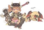 armor axe battle_axe blade_(galaxist) blush bread brown_hair croissant dark_skin demon dwarf eating food full_body gauntlets giving_up_the_ghost pointy_ears pop-up_story purple_eyes quad_tails weapon white_background ymir_paaya 