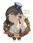  aqua_eyes bangs bat_earrings black_hair blunt_bangs blush bow braid closed_mouth commentary_request dandelion_seed flower halloween happy_halloween hat highres jack-o'-lantern long_sleeves nail_polish original saitou_naoki scissors smile solo upper_body wreath yellow_nails 