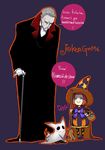  1girl age_difference basket blue_eyes cane cape child copyright_name crescent_print dog doyagao emma_grane fangs ghost_costume grey_hair hair_slicked_back halloween hand_on_hip hat highres joker_game looking_at_another miwa_shirou pale_skin pantyhose purple_background red_eyes red_hair romaji short_hair simple_background smile star star_print translation_request vampire_costume witch witch_hat yuuki_(joker_game) 