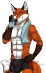  2016 abs anthro athletic biceps boxers_(clothing) brown_fur bulge canine clothed clothing fox fur green_eyes male mammal muscular navel orange_fur pecs simple_background smile solo standing topless towel truegrave9 underwear white_background white_fur 