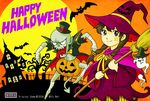  bat braid brown_eyes brown_hair chai_(shenmue) commentary ghost halloween happy_halloween hat jack-o'-lantern ling_shen_hua miyawaki_kenji shenmue shenmue_iii smile top_hat twin_braids witch witch_hat 