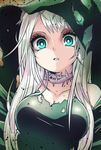  aqua_eyes breasts choker cleavage collarbone debris dress eyeshadow green_dress hat highres long_hair makeup medium_breasts misery_(p&amp;d) parted_lips pikomarie puzzle_&amp;_dragons solo taut_clothes thorns torn_clothes torn_hat upper_body white_hair wide-eyed witch_hat 