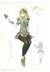  1girl armor armored_dress armored_shoes blonde_hair brown_eyes bug butterfly character_name clair_(fire_emblem) dress fire_emblem fire_emblem_echoes:_mou_hitori_no_eiyuuou frills headpiece helmet hidari_(left_side) highres insect long_hair nintendo non-web_source official_art pantyhose ponytail scan shoulder_armor sketch smile solo 