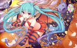  aqua_hair bat candy commentary_request demon_tail demon_wings elbow_gloves food gloves halloween hatsune_miku highres jack-o'-lantern long_hair papino pink_eyes skirt solo striped striped_gloves striped_legwear tail thighhighs twintails very_long_hair vocaloid wings 