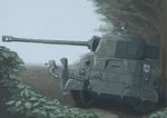  binoculars blonde_hair blurry commentary day emblem field girls_und_panzer ground_vehicle looking_afar lying military military_vehicle motor_vehicle multiple_girls muted_color on_stomach poncho profile rain saunders_(emblem) sherman_firefly sky tank tree vent_arbre water_drop 