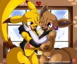  &lt;3 2019 anthro areola armwear breasts clothing digital_media_(artwork) duo eevee elbow_gloves eyelashes female female/female gloves hi_res inside navel nintendo nipples one_eye_closed open_mouth open_smile patreon pichi_(suirano) pikachu pok&eacute;mon pok&eacute;mon_(species) pok&eacute;morph smile suirano thick_thighs underwear url video_games winter 