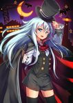  adjusting_clothes adjusting_hat alternate_costume bat black_hair blue_eyes cape commentary_request cowboy_shot cravat crescent_moon fang halloween halloween_costume hat hibiki_(kantai_collection) kantai_collection lighthouse long_hair moon night open_mouth shorts solo thighhighs top_hat white_hair yuuki_yuu 