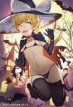  absurdres animal bat bikini blonde_hair blush_stickers cape collar elbow_gloves fang flat_chest gloves halloween hat highres long_hair madyy micro_bikini monogatari_(series) open_mouth oshino_shinobu solo swimsuit thighhighs witch_hat yellow_eyes 