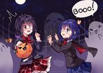  2girls another aqua_eyes black_hair blue_hair blush bow candy cape chuunibyou_demo_koi_ga_shitai! crossover eyepatch fang halloween hyanna-natsu misaki_mei moon night ponytail pumpkin red_eyes seifuku short_hair sky stars takanashi_rikka tears vampire watermark 