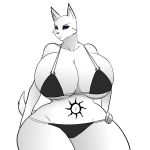  2019 absurd_res anthro big_breasts bikini black_nose black_sclera blue_eyes breasts canid canine canis cleavage clothed clothing digital_media_(artwork) female fur hayakain hi_res huge_breasts luna_santiago_(lildredre) mammal navel simple_background small_head solo standing swimsuit tattoo thick_thighs voluptuous white_fur wide_hips wolf 