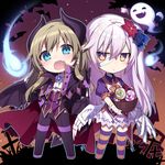  bandages blonde_hair blue_eyes brown_eyes candy chibi fang food gloves halloween hijiri_(resetter) horns long_hair multiple_girls open_mouth original pointy_ears silver_hair striped striped_legwear tail thighhighs wings 