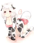  all_fours animal_ears animal_print antenna_hair blush breasts chita_(ketchup) cleavage collarbone cow cow_ears cow_girl cow_horns cow_print cow_tail hair_between_eyes highres hood hood_down hoodie horns large_breasts long_sleeves looking_at_viewer open_clothes open_hoodie original purple_eyes short_hair signature silver_hair sleeves_past_wrists solo tail tail_raised thighhighs twitter_username 