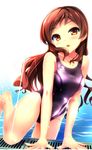 barefoot blush brown_eyes brown_hair collarbone competition_swimsuit eyebrows eyebrows_visible_through_hair highres idolmaster idolmaster_million_live! kitazawa_shiho leg_lift leg_up long_hair looking_at_viewer one-piece_swimsuit open_mouth p2_shino pool poolside purple_swimsuit shiny shiny_clothes shiny_hair shiny_skin skin_tight solo swimsuit wading water wet 