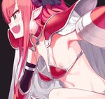  absurdres armor armpits bikini bikini_armor black_background breasts collar commentary_request doremi earrings elizabeth_bathory_(brave)_(fate) elizabeth_bathory_(fate)_(all) fang fate/extra fate/extra_ccc fate/grand_order fate_(series) gauntlets highres horns jewelry korean_commentary long_hair loose_bikini navel nipples oversized_breast_cup oversized_clothes pauldrons pink_hair pointy_ears profile red_armor red_bikini sidelocks silver_eyes silver_trim simple_background small_breasts smile solo swimsuit wardrobe_malfunction 