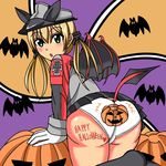  1girl anchor_hair_ornament ass bat bat_wings blonde_hair blush body_writing breasts from_behind fuzan gloves green_eyes halloween halloween_costume hat jack-o&#039;-lantern kantai_collection large_breasts leaning leaning_forward long_hair looking_at_viewer low_twintails military military_uniform open_mouth panties print_panties prinz_eugen_(kantai_collection) shiny shiny_hair shiny_skin skirt solo tail thighhighs twintails underwear upskirt wings 