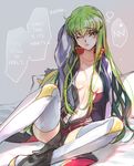  1girl breasts c.c. code_geass creayus green_hair hard_translated high_heels jacket long_hair navel no_bra open_clothes open_jacket scar sitting thighhighs translated waking_up yellow_eyes 