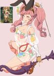  animal_ears archer_(tree_of_savior) bow_(weapon) bunny_ears character_request clearite commentary_request kneeling one_eye_closed pink_hair sarashi translucent_dress tree_of_savior twintails weapon 