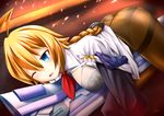  1girl ahoge arc_system_works aroa ass blazblue blazblue:_central_fiction blonde_hair blue_eyes blush braid breasts es_(xblaze_code:_embryo) large_breasts long_hair one_eye_closed open_mouth panties panties_under_pantyhose pantyhose shiny shiny_hair sideboob single_braid solo sword weapon wince xblaze_code:_embryo 