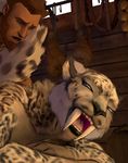  2016 ambiguous_gender anthro beard black_fur blue_eyes brown_hair duo facial_hair fangs feline fur grey_fur hair hattonslayden hi_res human inside leopard mammal nude open_mouth snow_leopard spots suggestive teeth tongue 