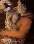  2016 anthro black_fur breasts brown_hair duo english_text eyes_closed fangs feline female fur grey_fur hair hand_on_butt hattonslayden hi_res human inside interspecies kissing leopard male male/female mammal nipples nude raised_tail snow_leopard spots text 