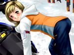  ass blonde_hair blush game_cg joy_ride libido looking_at_viewer outdoor short_hair snowmobile winter_clothes yellow_eyes 