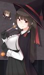  :q absurdres alternate_costume black_gloves black_hair breasts cape cardcaptor_sakura choukai_(kantai_collection) fairy_(kantai_collection) glasses gloves halloween halloween_costume hat highres jack-o'-lantern kantai_collection large_breasts long_hair multiple_girls pleated_skirt red_eyes shirt skirt smile tongue tongue_out wand white_shirt witch witch_hat yukichi_(sukiyaki39) 