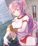  earrings gym_uniform jewelry long_hair official_art olha_(senjou_no_electro_girl) pink_hair rain senjou_no_electro_girl side_ponytail solo sugi towel wet yellow_eyes 