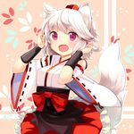  :d animal_ear_fluff animal_ears detached_sleeves fang frilled_skirt frills hat inubashiri_momiji lowres naomi_(sekai_no_hate_no_kissaten) open_mouth purple_eyes shirt short_hair skirt smile solo tail tokin_hat touhou white_hair wolf_ears wolf_tail 