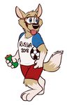  2016 anthro ball barefoot blue_eyes bottle canine clothed clothing eyebrows eyewear full-length_portrait fur goggles holding_object male mammal portrait rotten_robbie shorts simple_background smile soccer_ball solo sport tan_fur tongue tongue_out white_background wolf zabivaka 