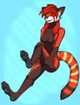  2016 4_toes anthro barefoot breasts claws eyes_closed female hair hindpaw laugh mammal nude open_mouth paws plantigrade red_hair red_panda ruth66 simple_background smile soles solo toes 