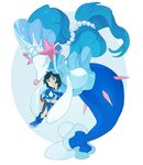  blue_hair bubble buntatta capri_pants commentary fins gen_7_pokemon grey_eyes long_hair looking_up mother_and_child motherly open_mouth pants pink_nose pokemon pokemon_(creature) pokemon_(game) pokemon_sm popplio primarina shirt shoes short_hair sneakers starfish_hair_ornament striped striped_shirt tail_fin you_(pokemon) 