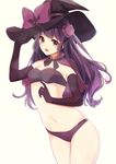  alternate_costume arched_back bikini breasts cowboy_shot detached_sleeves double_bun elbow_gloves gloves hat kashiwagi_chisame long_hair looking_at_viewer medium_breasts navel open_mouth patchouli_knowledge purple_bikini purple_eyes purple_hair simple_background solo stomach swimsuit thighs touhou witch_hat 