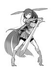  bad_source bow_(weapon) breasts gloves greyscale holding holding_weapon juliet_sleeves ken_(koala) large_breasts long_hair long_sleeves looking_at_viewer monochrome original pleated_skirt puffy_sleeves serious simple_background skirt solo sword thighhighs very_long_hair weapon white_background 