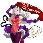  animal_ears armpits bangs bare_shoulders black_legwear blush breasts capcom_fighting_jam cat_ears cat_tail collar commentary_request covered_navel gloves hairpods halloween happy_halloween highres ingrid large_breasts leotard long_hair looking_at_viewer one_eye_closed open_mouth pantyhose purple_gloves red_eyes red_leotard simple_background sketch skin_tight sleeveless smile solo tail tetsu_(kimuchi) trick_or_treat white_background white_hair 