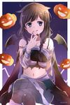  :q ahoge alternate_costume bandages black_hair blue_eyes braid commentary crossed_legs hair_flaps hair_ornament halloween halloween_costume jack-o'-lantern kantai_collection long_hair looking_back nail_polish navel pumpkin purple_background red_nails remodel_(kantai_collection) shigure_(kantai_collection) sitting solo spider_web_print stomach tongue tongue_out torn_clothes twitter_username yukichi_(eikichi) 