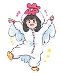  :d arms_up bird black_hair chicken chicken_costume commentary dancing full_body mizuki_(pokemon) open_mouth plum!_(plumcea) pokemon pokemon_(game) pokemon_sm smile solo white_background 